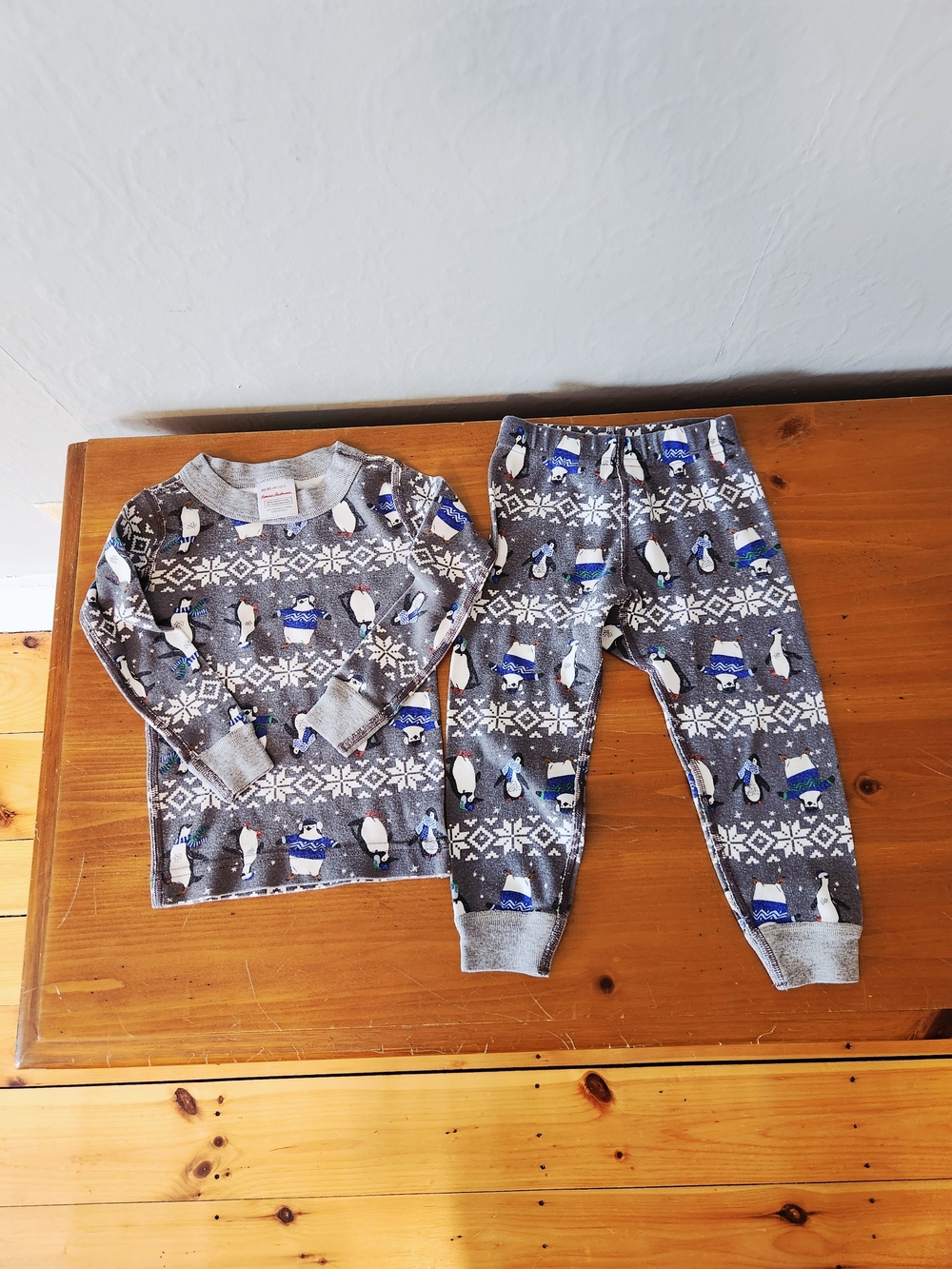 Hanna Andersson Grey Penguin Print Pajama Set with Blue Accents
